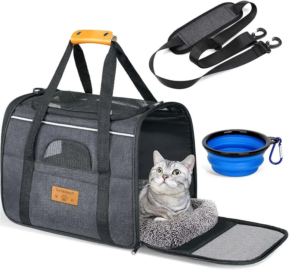 Bolsa de Transporte Pet para Viagem 45 x 35 x 33 cm, Caixa de Transporte para Gatos e Cachorros Pequenos, Dobrável, com Alça de Ombro e Almofada, Preto