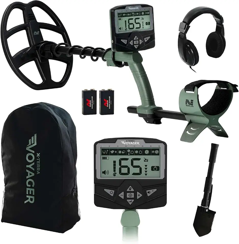 Minelab X-Terra Voyager Detector de metais adulto com bobina à prova d'água, 4 modos de detecção, ID de alvo transparente, visor retroiluminado (kit completo com fones de ouvido, mochila, pá profunda)
