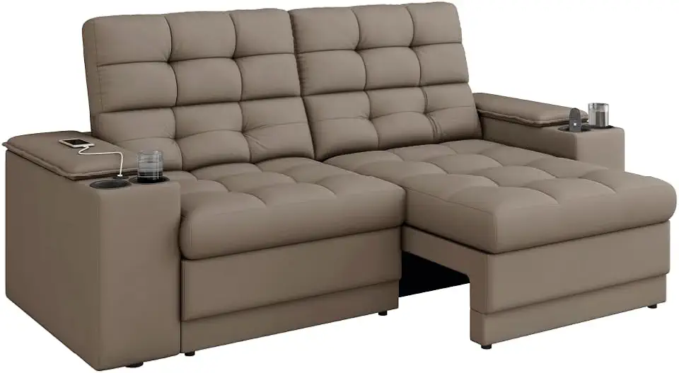 Sofá Retrátil e Reclinável 2,05m 3 Lugares Com Porta Copos Entrada USB Kansas Veludo Cinza Luizzi (Cappuccino)