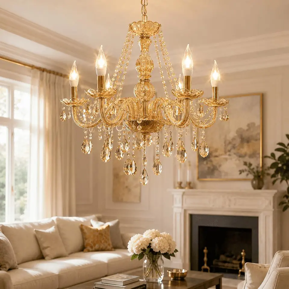 Lustre Candelabro Cristal 6 Braços E14 Bivolt Sala Jantar | Luminária Luxuosa, Clássica, Para Sala Quarto Hall, Efeito Velas, Candelabro, Cristal
