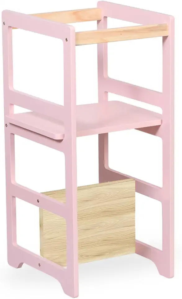 Torre de Aprendizagem Montessori 4 em 1 Laqueada Regula Altura, Cadeirão para Criança, Mesinha Infantil, Madeira Pinus e MDF, 1 a 6 Anos Rosa Bebê
