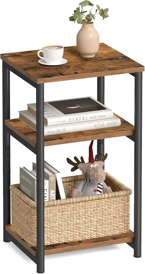 VASAGLE Mesa Lateral para Sofá, Mesa de Apoio de 3 Níveis, Mesa de Cabeceira com Estrutura de Aço, para Sala de Estar, Quarto, Escritório, Estilo Industrial, Marrom Rústico e Preto Tinta BRLET273B01