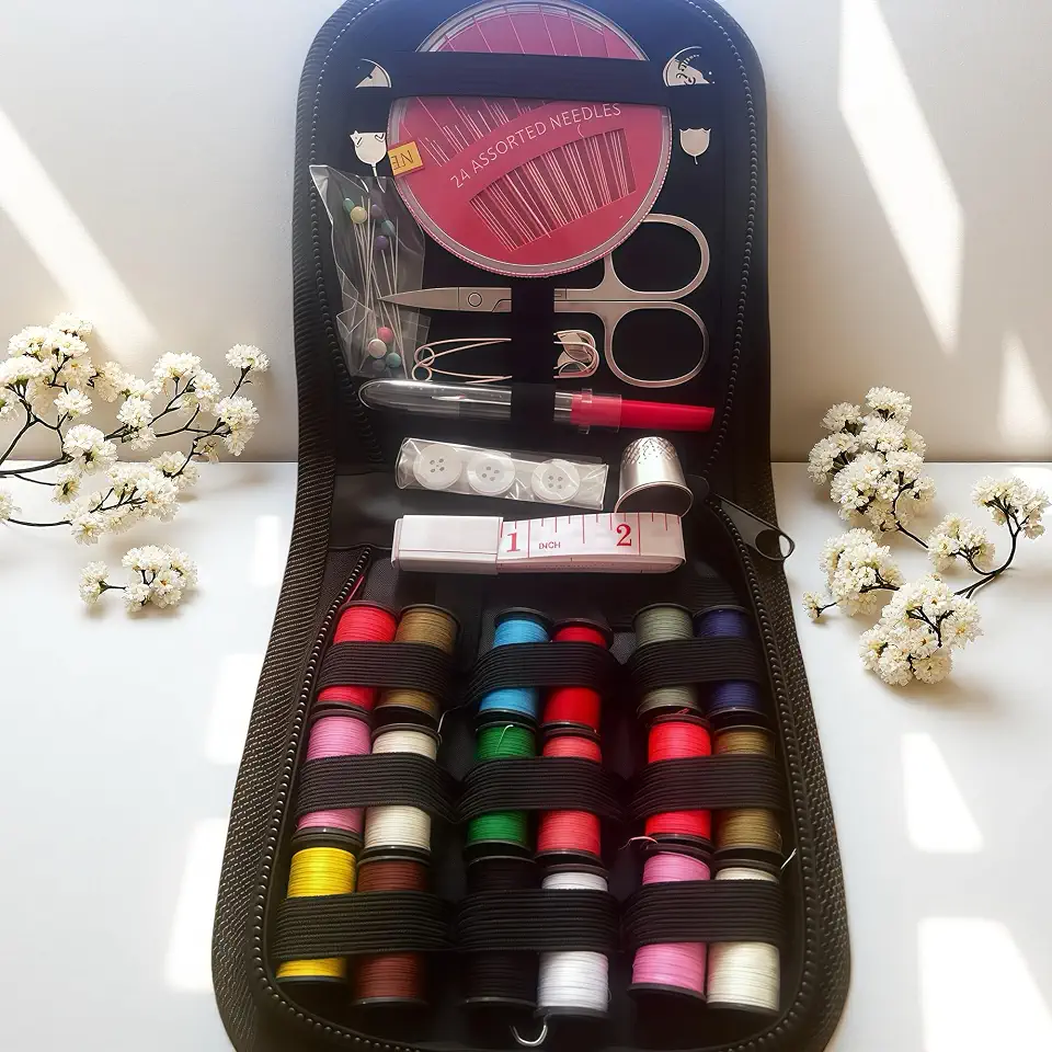 Kit de costura com estojo preto, pequeno portátil, contém suprimentos de costura e acessórios, presentes de Natal para mãe, iniciante, viajante, emergência, fita métrica macia, linha, tesoura, agulha