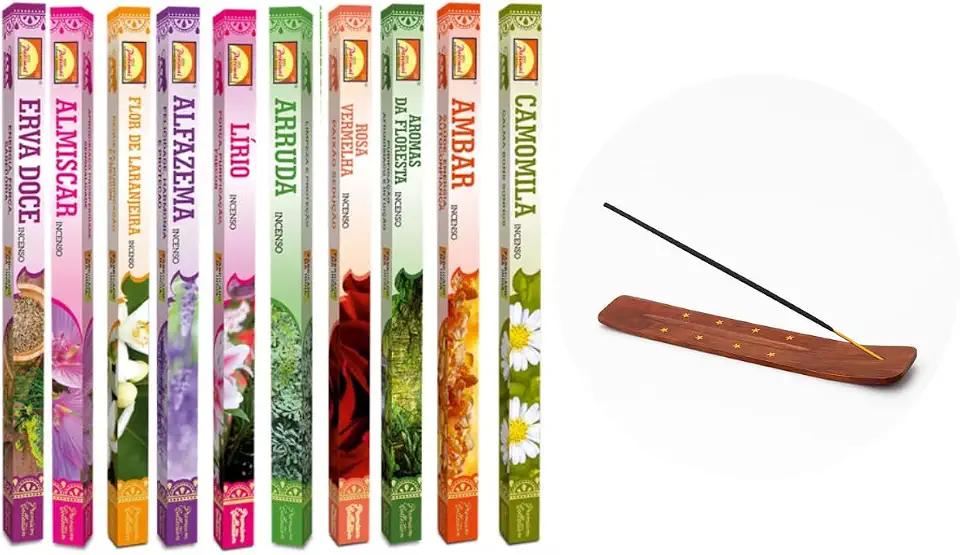 Kit 10 Incensos Massala Indianos + 1 Incensário Madeira – Aromaterapia, Meditação, Ambientes Zen, Relaxamento, Fragrâncias Naturais, Alta Durabilidade, Queima Prolongada