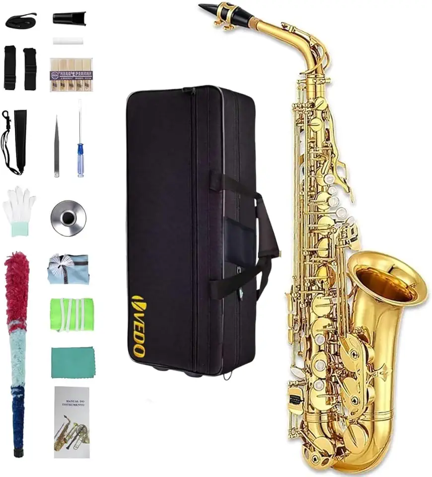 VEDO Saxofone alto em Mib, Acabamento em Laca Dourada, saxofone para iniciantes, saxofone para estudantes, saxofone alto, Estojo e Kit de Limpeza, completo de acessórios