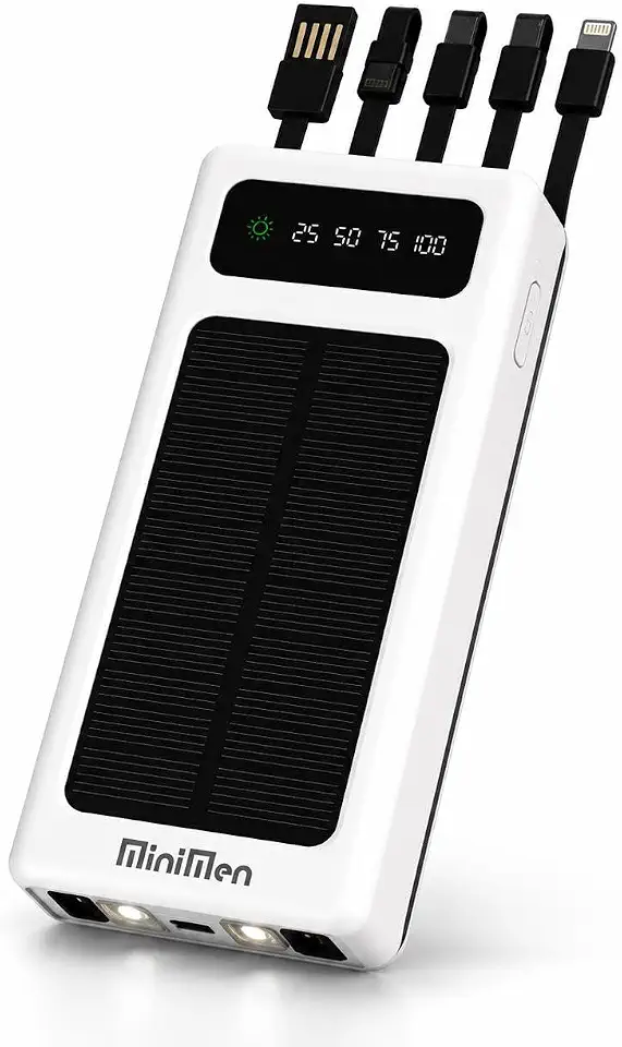 Power Bank Solar Premium 20000mAh com Cabos Embutidos Display Digital Carregador Portátil, Compatível iPhone e Android
