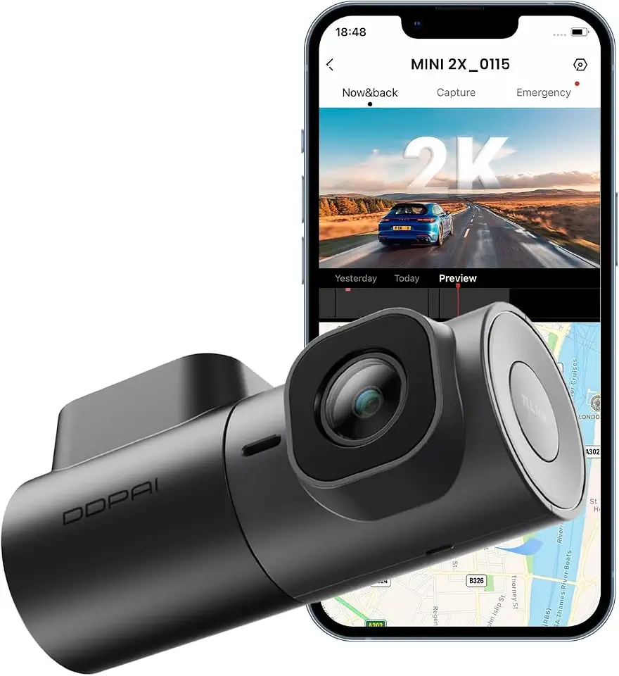 DDPAI Mini 2X Câmera Veicular 1440P 2K QHD Frontal com WiFi 5GHz, Visão Noturna Superior, Controle por APP ADAS, Lente Rotativa 360°, Sensor G, Supercapacitor e Monitoramento 24h (Sem Cartão SD)