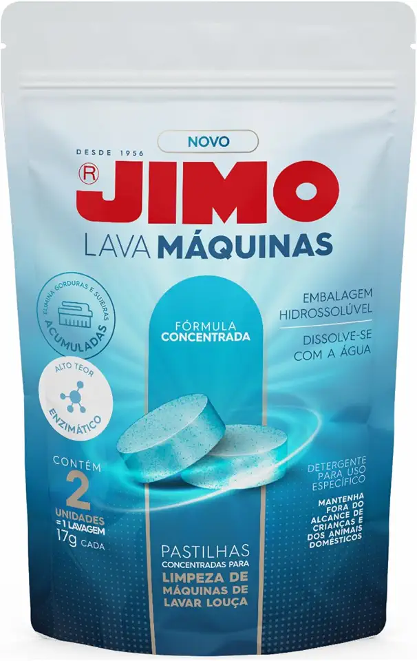 Jimo Lava Máquinas Lavagem Interna de Lava Louça Limpeza e Higenização Elimina Gordura e Resíduos Detergente Concentrado 2 pastilhas