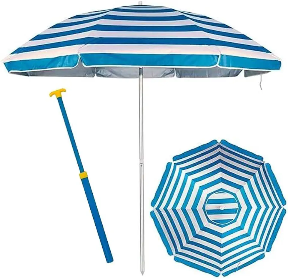 Guarda Sol de Praia Grande Articulado 2,60m + Saca Areia Com Haste de Aluminio Com Proteção FPS 100 Contra Raios UV e Bolsa de Transporte Azul 100% Listrado