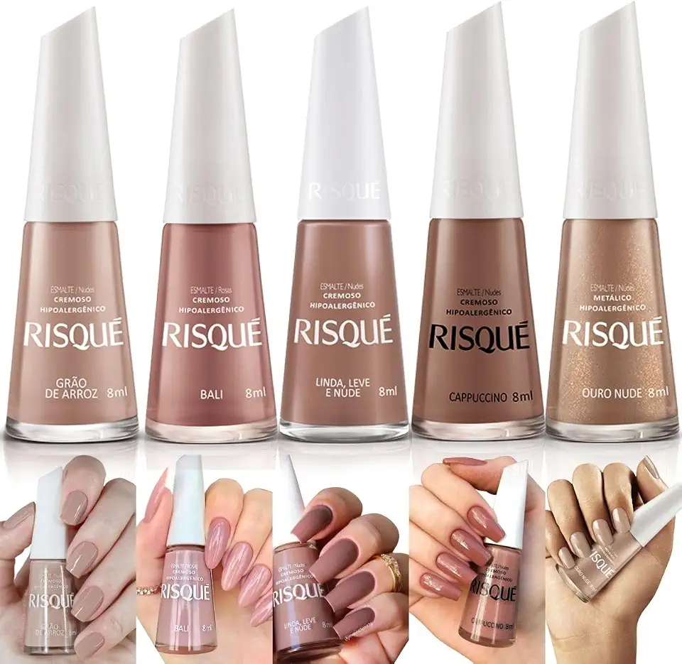 Kit 5 Esmaltes Risque Marrom Nude Esmaltes Hipoalergênico