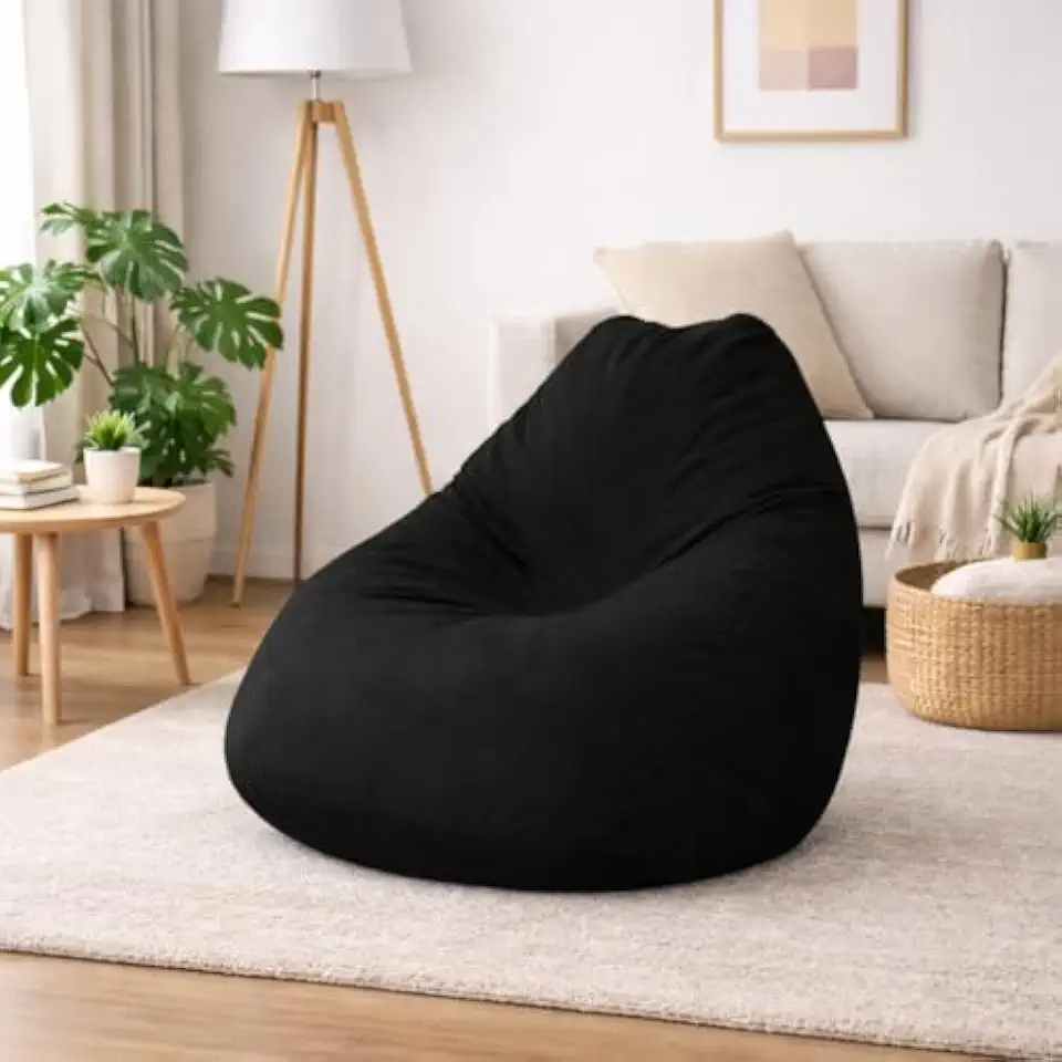 Puff Fofão Grande em Suede Antiarranhão com Enchimento EPS e Espuma Confortável Puff Pera para Sala Quarto Escritório 90x80x65cm(Preto)