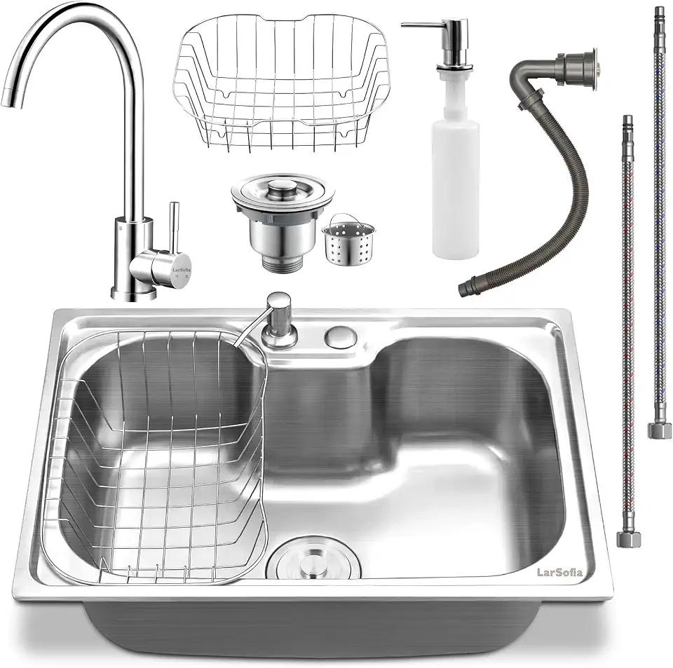LarSofia Kit Pia Cuba para Cozinha em Aço Inoxidável SUS304, 60x42cm, 16 Gauge 3mm, com Torneira de Controle Duplo Quente e Frio