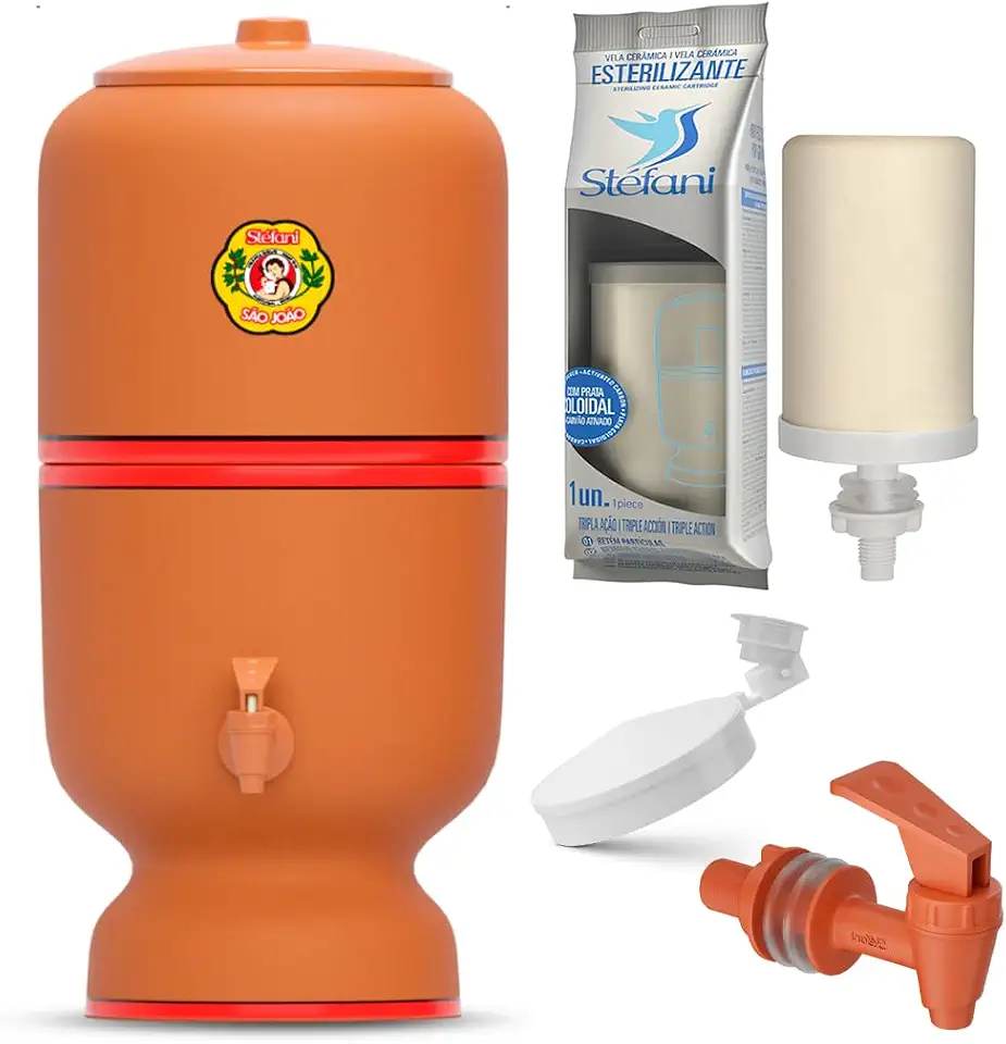 Filtro de Barro São João Stéfani 4 Litros – Kit Completo com Vela Tripla Ação + Boia Anti-Transbordo + Torneira Clic Marrom | Filtragem por Gravidade