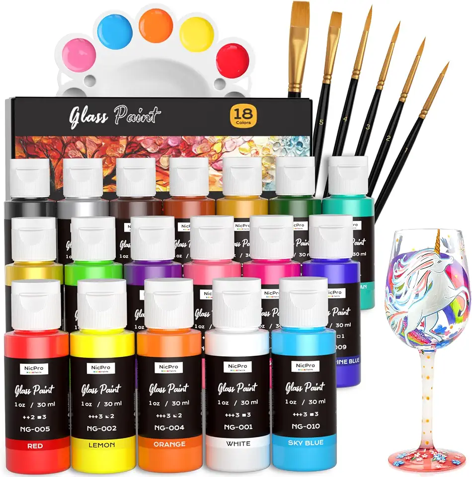 Nicpro Kit de Pintura para Vitrais com 18 Cores, 30ml/1oz de Esmalte Acrílico à Prova d'Água e Pintura em Cerâmica para Artes em Vidros Transparentes, Frascos, Janelas com 6 Pincéis e 1 Paleta