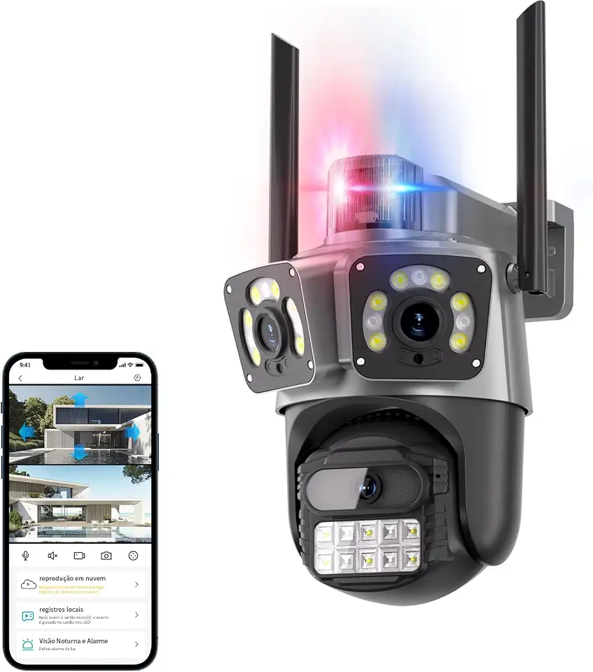 Câmera de Segurança WiFi Externa 2+2+2MP, Visão 355° + 90°, Dupla Lente Grande Angular, Detecção de Movimento, Áudio Bidirecional, Visão Noturna LED, IP66, Armazenamento em Nuvem e Cartão