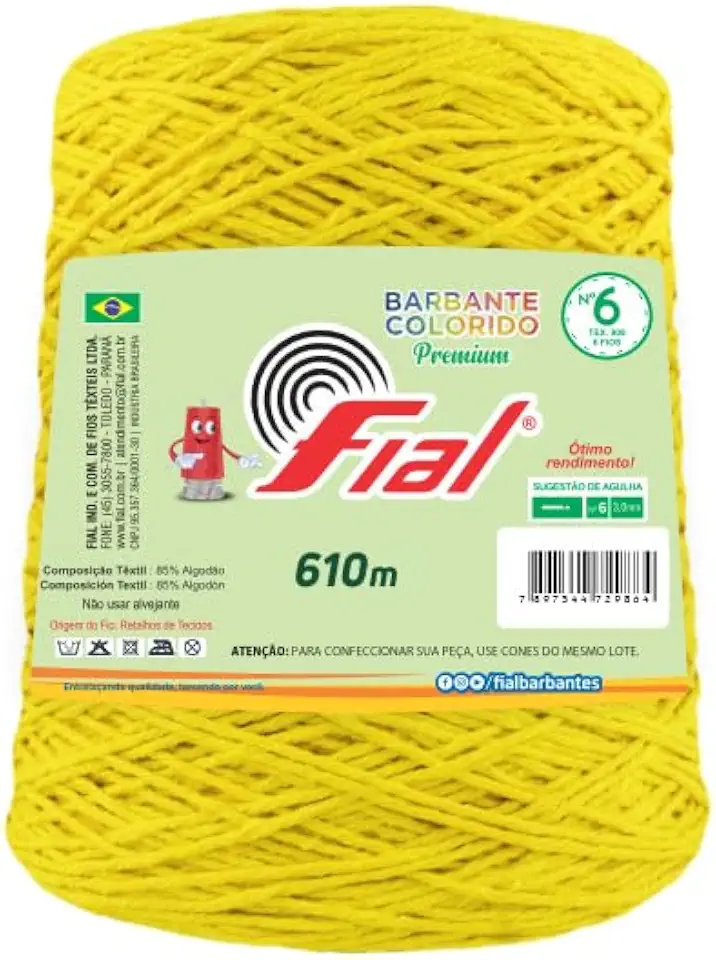 Barbante Fial N°6 Colorido 600g para Crochê e Tricô Macio (Amarelo Ouro - 14)