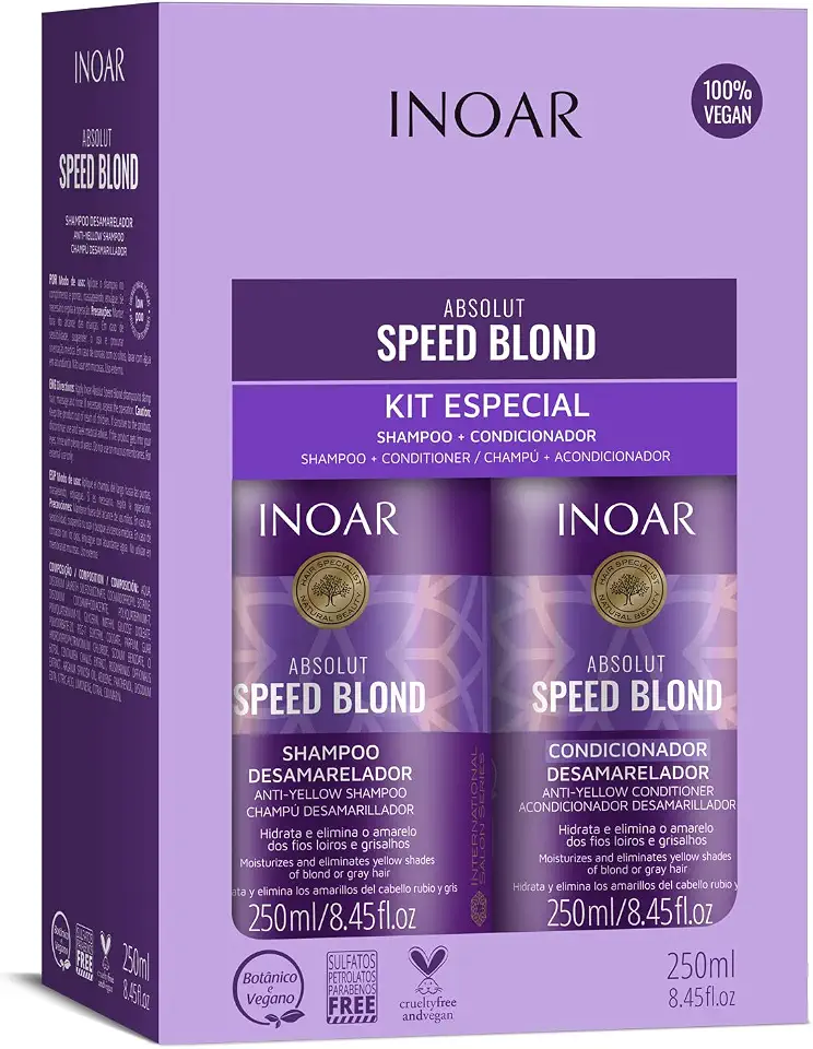 Inoar, Speed Blond Kit Duo – Shampoo e Condicionador Matizador com Óleo de Argan, Azuleno e Ativos Vegetais para Cabelos Loiros e Grisalhos - 250ml