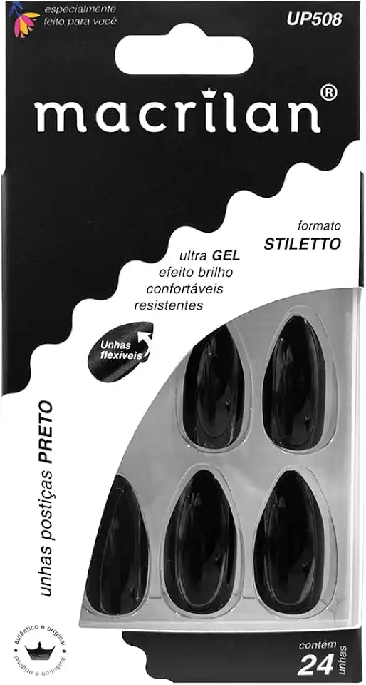 UP508 Unhas Postiças estilo stiletto - Preto - Plástico ABS
