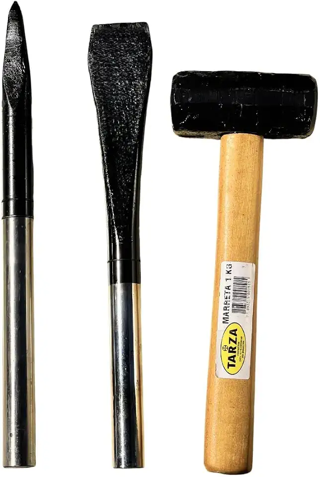 Marreta 1kg com cabo + Talhadeira Cromada 12" + Ponteiro Cromado 12" TARZA