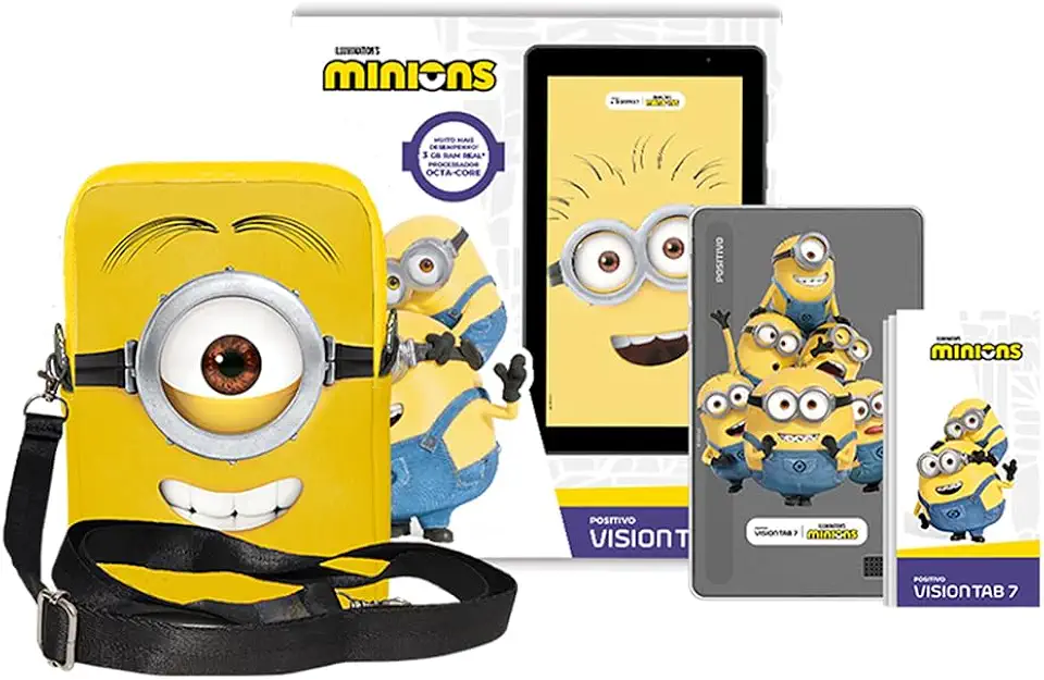 Tablet Infantil Positivo Vision Tab 7 Minions - Octa-Core 3GB RAM 64GB Armazenamento, Tela 7" IPS, Bateria 3100mAh, Android 14 Go, Wi-fi - Preto - Inclui Capa de proteção personalizada