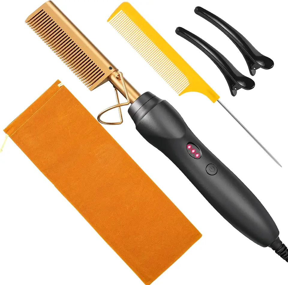 Pentes alisadores de cabelo com pente quente prensado a calor - pente elétrico de cerâmica para alisamento de cabelo, modelador de cachos para cabelo preto natural, perucas de barba, - 3 em 1