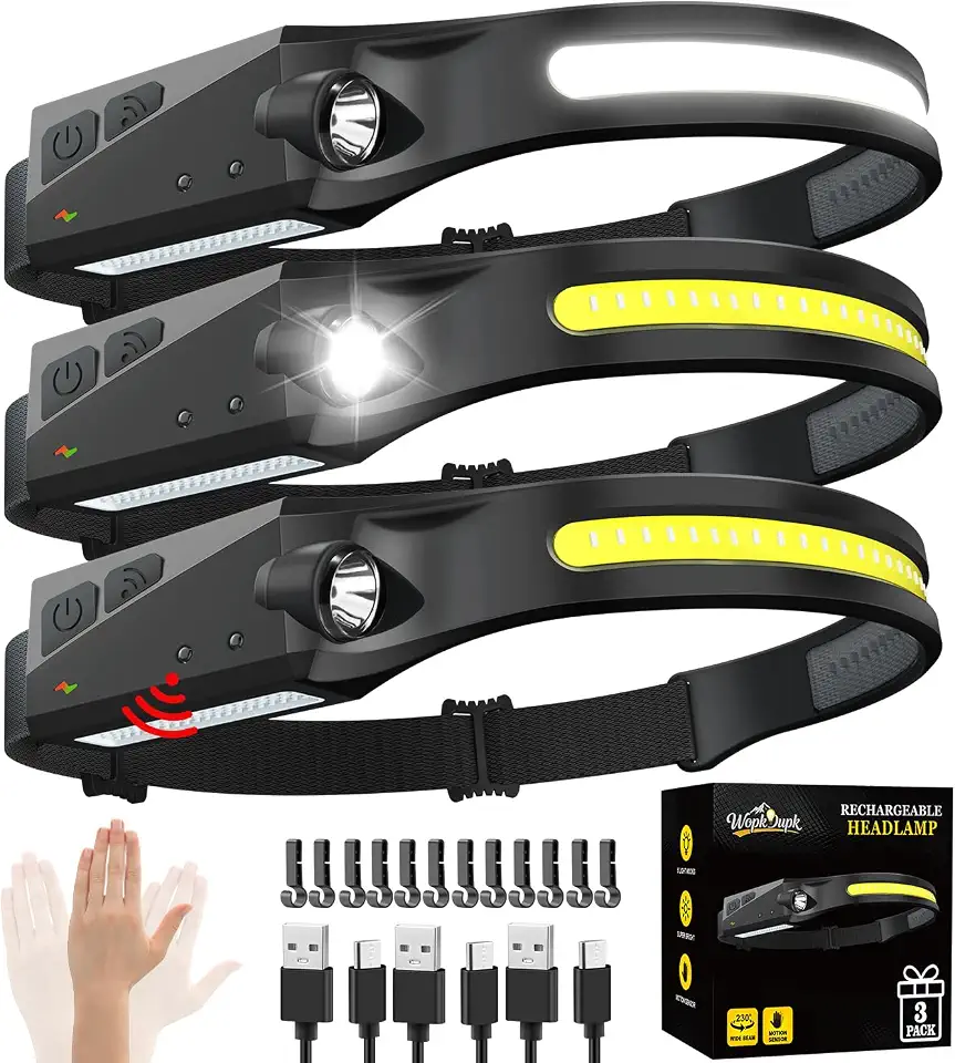 Lanterna de cabeça recarregável com 3 peças, farol largo de 230°, sensor de movimento LED recarregável, faróis brilhantes de 5 modos para adultos, faróis para testa, capacete rígido, equipamento