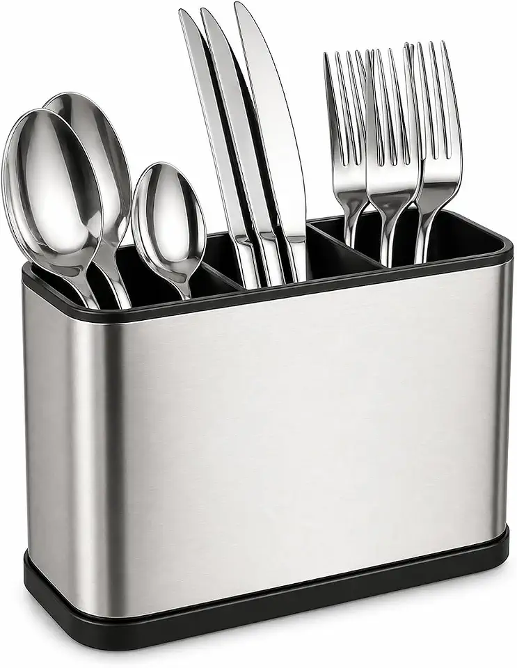 Escorredor Porta Talheres Inox com 4 Divisórias e Drenagem de Água | Organizador de Pia para Cozinha | Suporte Secador de Talheres Moderno Compacto e Resistente