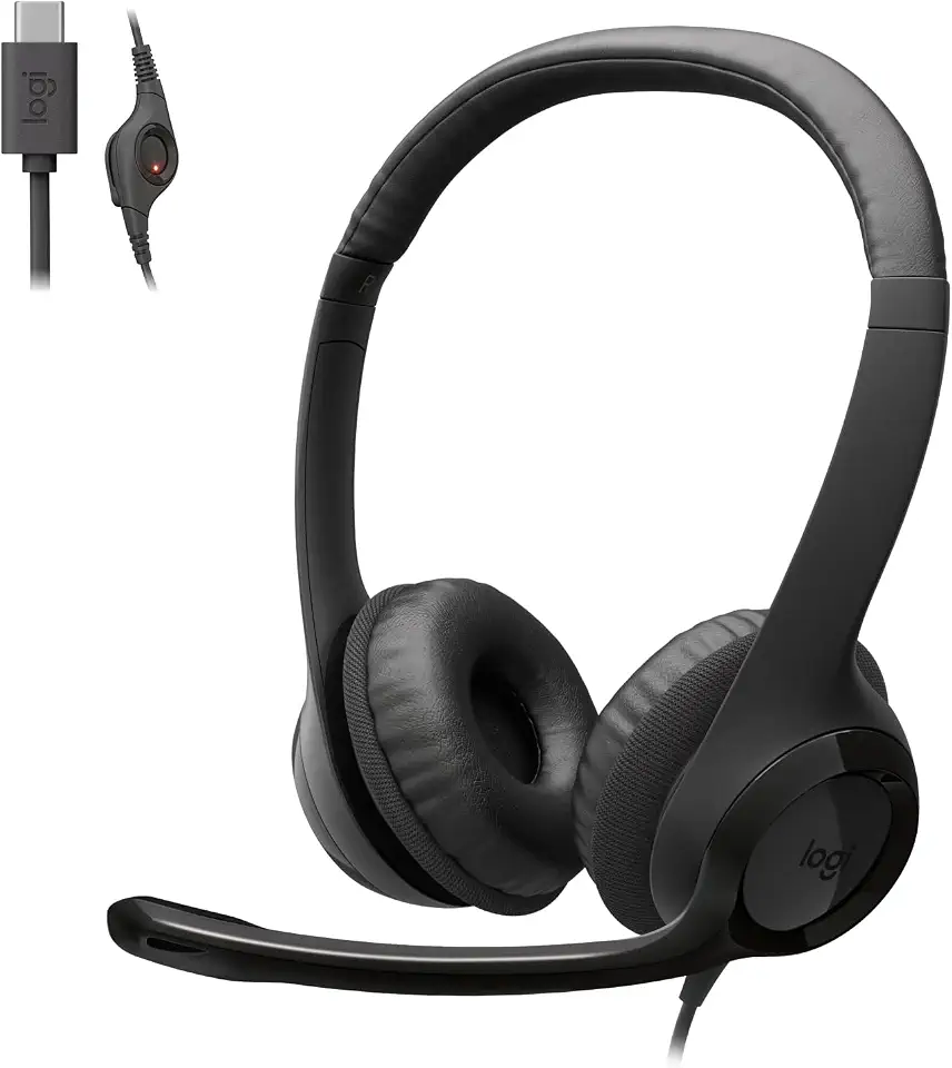 Headset com fio USB-C Logitech H390 com Controles de Áudio Integrado, Microfone flip-to-mute com Redução de Ruído, Almofadas Confortáveis e Design Sustentável. - Preto