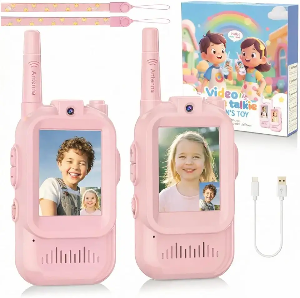 Walkie Talkie Infantil com Vídeo e Tela LCD, Par Recarregável, Alcance 500m, Modificador de Voz, Cordão Anti-Perda, Brinquedo Interativo para Crianças e Aventuras ao Ar Livre (Par Rosa)