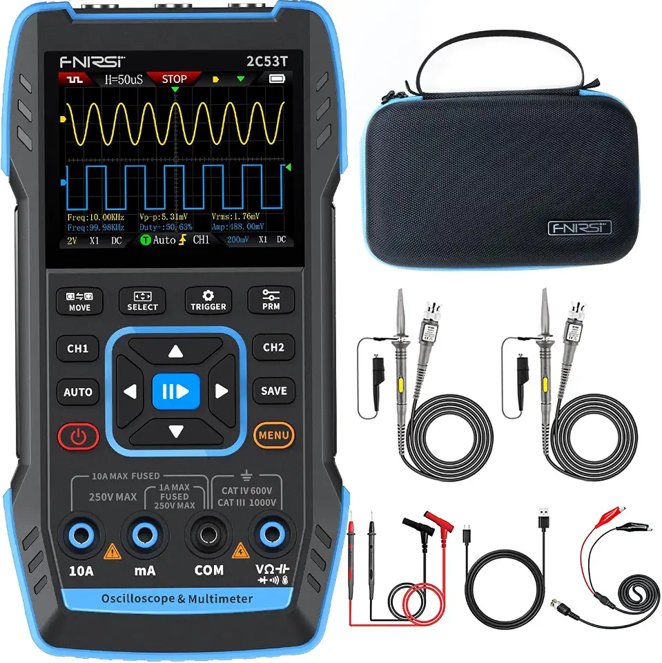FNIRSI Osciloscópio portátil atualizado 2c53t, largura de banda de 50 mhz, gerador dds de multímetro osciloscópio digital 3 em 1, taxa de amostragem de 250 ms/s, 19999 contagens, tensão, cor