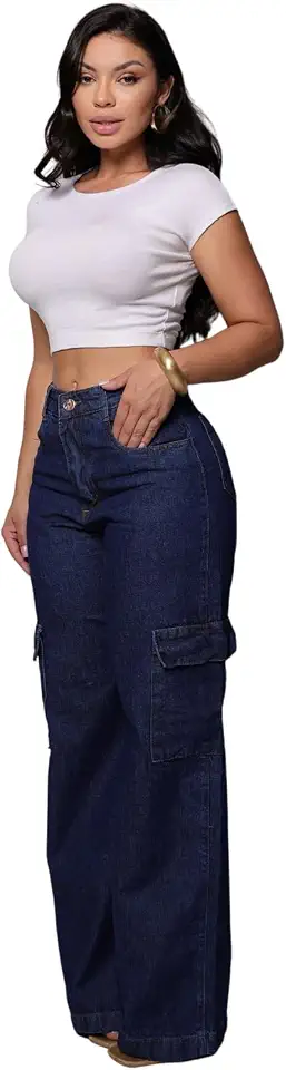 Calça Jeans Cargo Feminina 100% Algodão Cintura Alta Boca Larga Bolso Lateral Wide Leg Pantalona