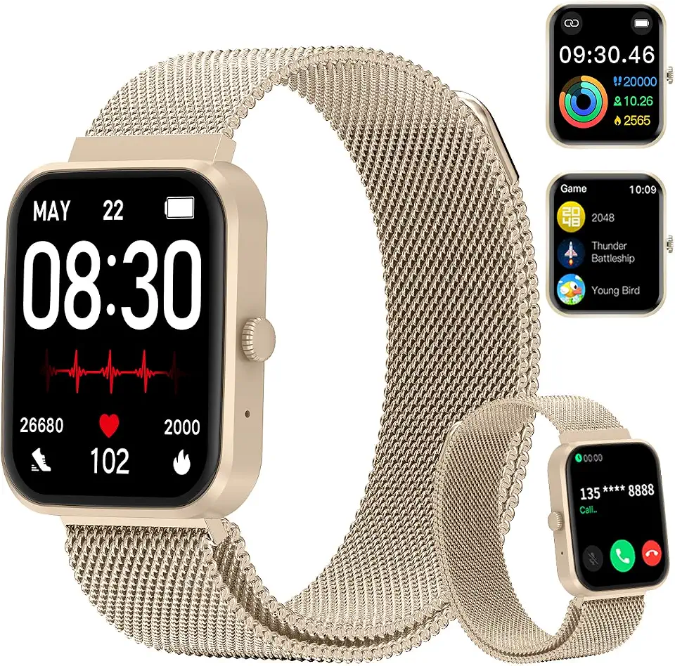 PEJE Smartwatch HXW06,Tela TFT HD de 1,83" Ecrã tátil e Ai,Feminino e Masculino,123 Esportes,IP68 à rova d'água, Chamada Bluetooth, Compatível com Android iOS (Pulseira em aço dourado)