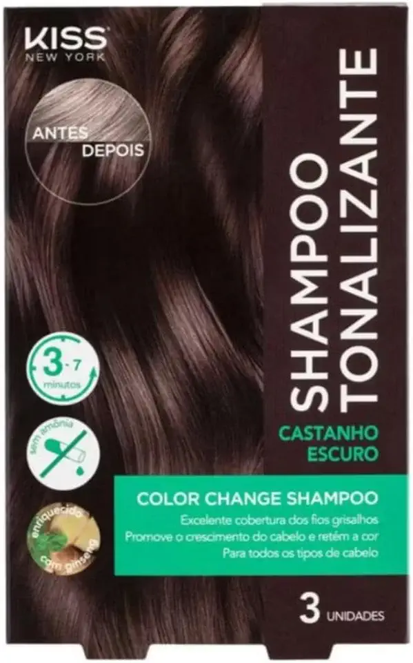 Kiss New York Shampoo Tonalizante, Castanho Escuro, 3 Unidades, Cobertura de Fios Grisalhos