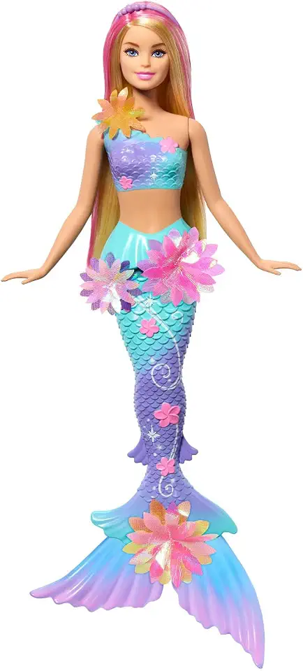 Boneca Barbie Sereia com Transformação de Flor e Cabelos Rosa com Efeito Mágico Desabrochante Para Crianças a Partir de 3 Anos.