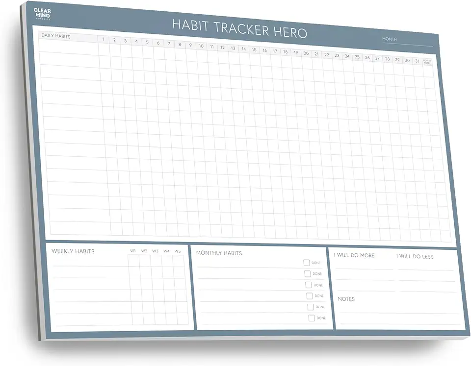 Habit Tracker Hero – Bloco de monitoramento de hábitos A4 da Clear Mind Concepts – 24 folhas descartáveis mensais sem data – Papel grosso de 160 g/m² – Seções de hábitos diários, semanais e mensais