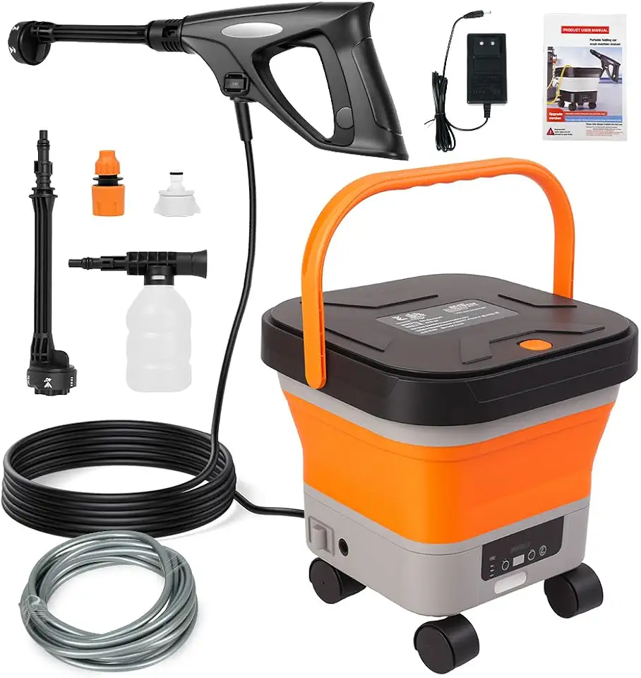 FINYQBET Lavadora de Alta Pressão Portátil 320W, 100-240V, Bateria 20000mAh, 50 Bar de Pressão, Tanque Dobrável 13L e Bico 6 em 1 para Limpeza de Casa, Carro e Jardim