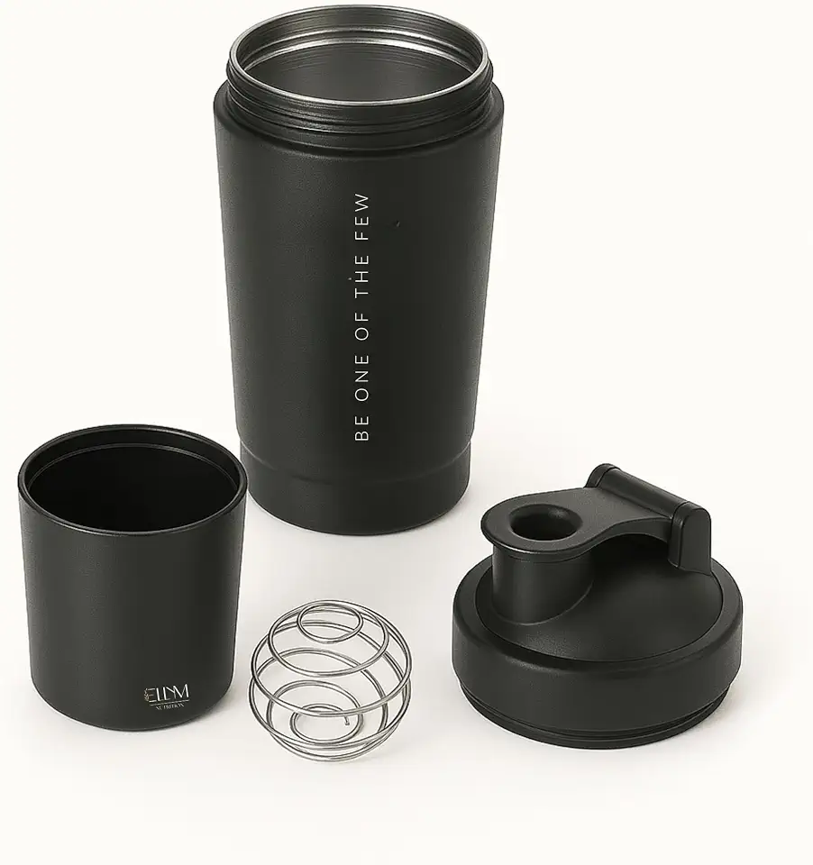Coqueteleira Aço Inox 600ml com Compartimento Inferior ELLYM NUTRITION Misturador Ideal Shakes (Preto)