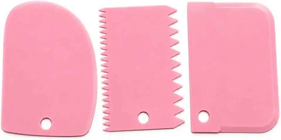 Kit de 3 Espátula Raspadora Decorativa de Bolo Chantilly Glacê Massas Wave Cake Cor Rosa Bebê Lefaust