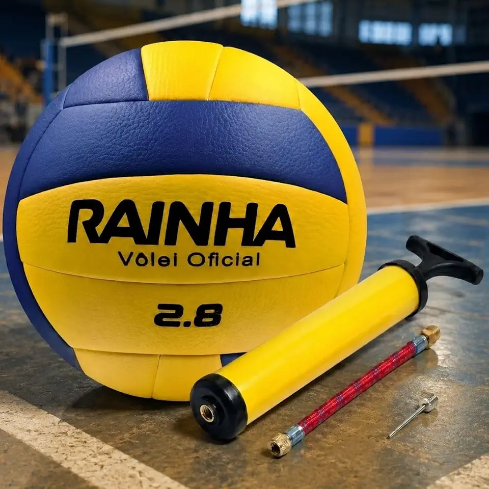 Bola Vôlei Profissional Rainha 2.8 Amarela Azul Areia Quadra + Bomba de Ar - Ideal para Treinos, Jogos e Lazer.