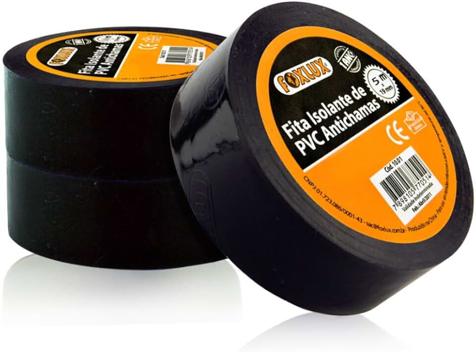 Fita Isolante Foxlux PVC Antichamas 10m x 19mm Preta 600V Alta Elasticidade Espessura 0,15mm