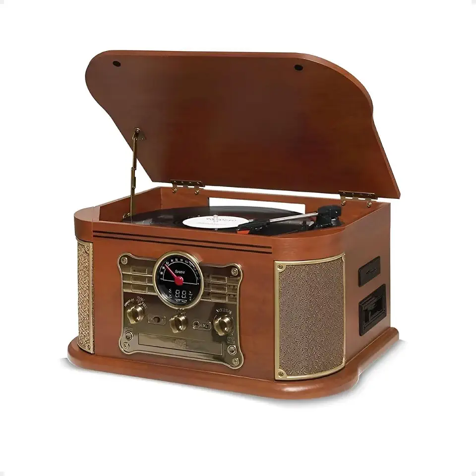 Raveo Vitrola Spazio com Toca-discos de 3 velocidades, Rádio FM, CD e Cassete players, USB e SD (reproduzem e gravam), entrada e saída auxiliares e tecnologia de conexão Bluetooth., Grande