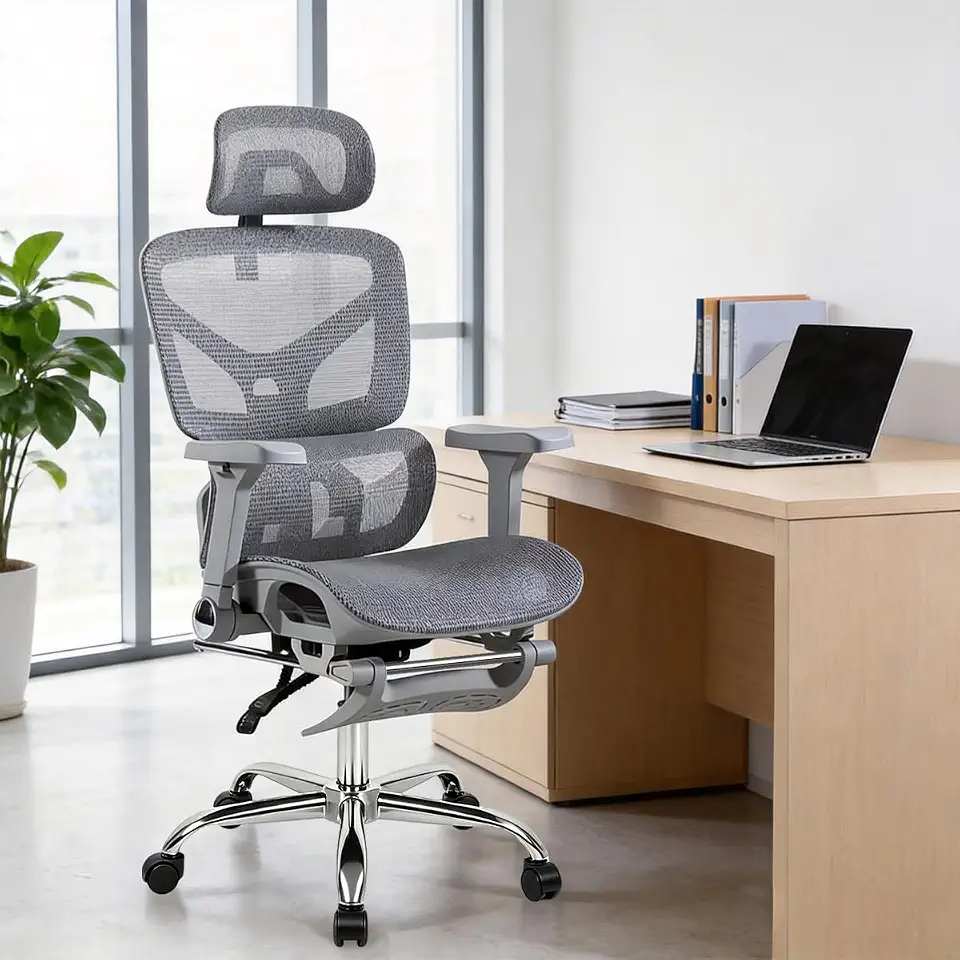 Cadeira Ergonômica de Malha Respirável para Escritório, Braços Ajustáveis, Suporte Lombar Regulável, Inclinação de 135 Graus para Home Office (cinza)