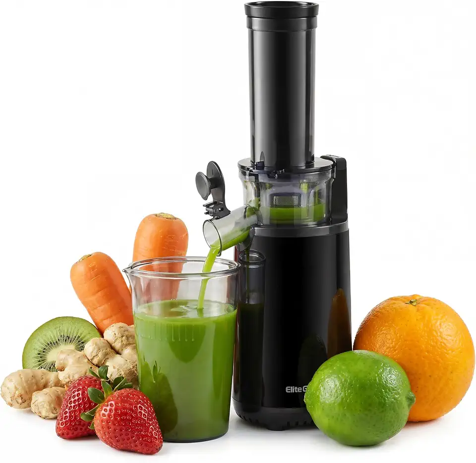 Elite Gourmet EJX600 Compacto Pequeno Espremedor de Espremedor Lento Mastigatório, Extrator de suco prensado a frio, denso em nutrientes e vitaminas, Tritan livre de BPA, fácil de limpar, copo de suco