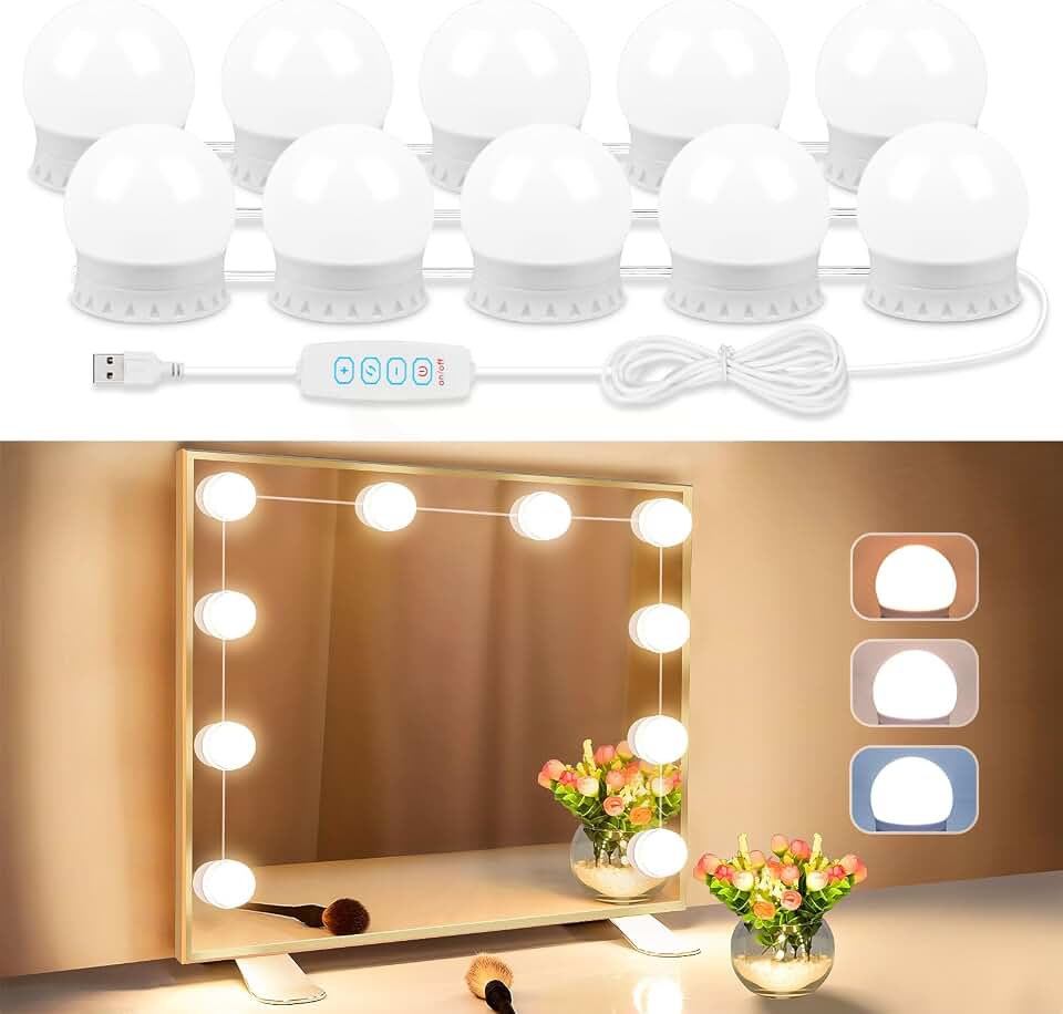 Luzes LED para espelho, luzes de penteadeira fixam-se com 10 lâmpadas reguláveis, 3000K 4000K 6500K e 10 níveis de brilho ajustável, cabo USB, luzes espelhadas de Hollywood para maquiagem, vestiário,