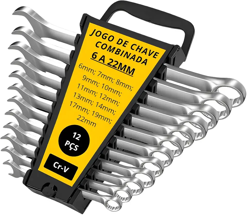 Jogo de Chaves Combinadas 6 a 22mm 12 Peças em Aço Cromo Vanádio Cr-V – Chave Boca e Estrela Profissional para Mecânica Automotiva, Oficina, Manutenção, Kit Ferramentas Mecânico Alta Resistência