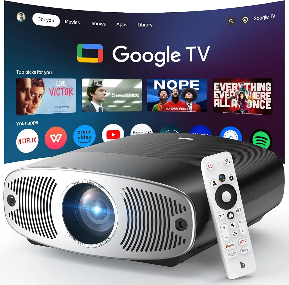 Projetor Bettdow Full HD 1080p, 850 ANSI Lumens, Android 9.0 e Google TV, WiFi 6, Bluetooth 5.0, Suporte 4K