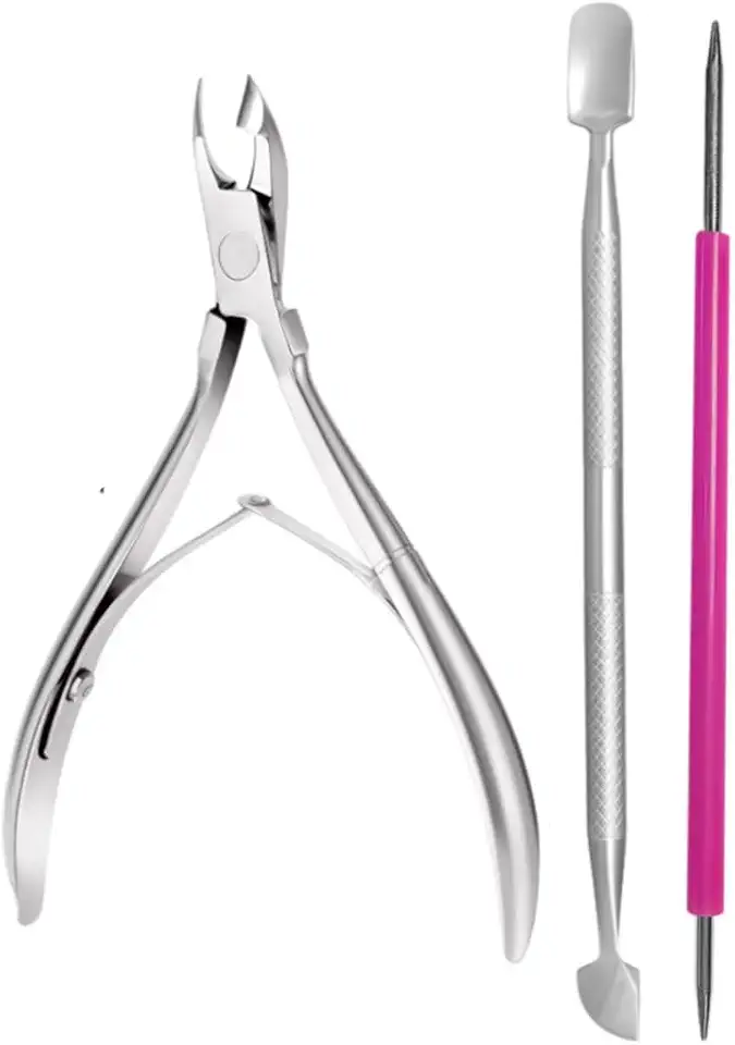 Kit Conjunto de Alicate para Cutículas, Espátula em Aço Inox 420 e Palito revestido rosa em aço inox 420