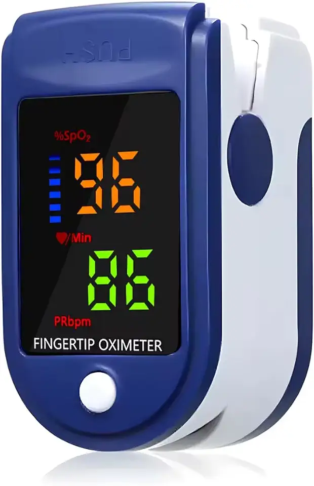 Oxímetro Digital de Dedo, Monitor de Saturação de Oxigênio SpO2 e Frequência Cardíaca BPM, Display LED, Silicone Hipoalergênico, Desligamento Automático, Azul e Branco – Leve, Rápido e Fácil de Usar