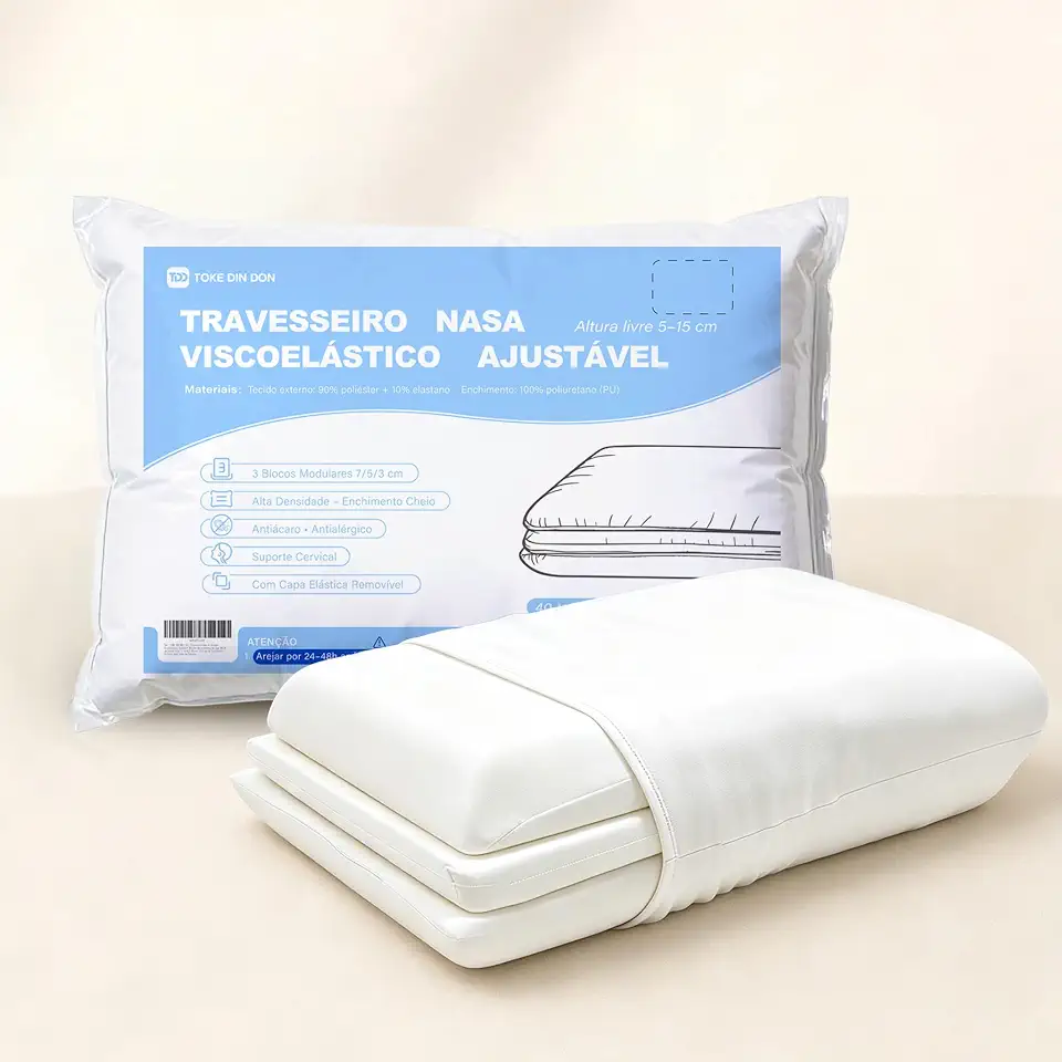 1 Kit Travesseiro Nasa de Verdade Viscoelástico Ajustável | Antialérgico, com Capa 50x70 cm, Altura livre 3–15cm,Sistema Modular 3 Blocos 7/5/3cm, Suporte Cervical, Todas as Posições
