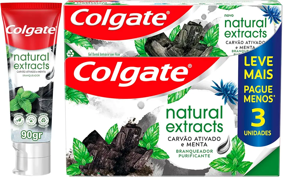 Colgate Pasta De Dente Natural Extracts Carvão Ativado 90 g, 3 Unidades, Creme Dental Clareador, Possui Em Sua Fórmula Extratos Naturais De Carvão Ativado E Menta, Combinação Inspirada Na Natureza